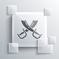 Grey Crossed pirate swords icon isolated on grey background. Sabre sign. Square glass panels. Vector