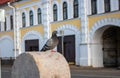 A grey curious urban pigeon sits on a stone fence