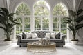 Grey curved tufted sofa in luxury room with arched windows. Hollywood glam home interior design of modern living room. Royalty Free Stock Photo