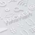 Grey 3d hacker background with web symbols.