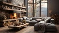 Grey daybed sofa against fireplace. Rustic home interior design Royalty Free Stock Photo