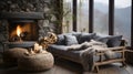 Grey daybed sofa against fireplace. Rustic home interior design Royalty Free Stock Photo