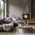 Grey daybed sofa against fireplace. Rustic Scandinavian home interior design of modern living room Royalty Free Stock Photo