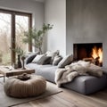Grey daybed sofa against fireplace. Rustic Scandinavian home interior design of modern living room Royalty Free Stock Photo