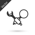 Grey Debugging icon isolated on white background. Debugging tool. Magnifying glass on bug programming. Testing and Royalty Free Stock Photo