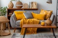 grey decor interior yellow cushion home house sofa pillow apartment modern. Generative AI. Royalty Free Stock Photo