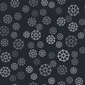 Grey Dharma wheel icon isolated seamless pattern on black background. Buddhism religion sign. Dharmachakra symbol Royalty Free Stock Photo