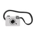 Grey digital SLR camera with belt. Optical electronic equipment. A symbol of travel, vacation, hobby. A design element. Flat color