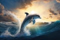 Grey dolphin jumps out of the water over breaking waves. Marine animals wallpaper.
