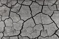 Grey dried and cracked ground earth background. Closeup of dry fissure dark ground. erosion