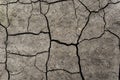 Grey dried and cracked ground earth background. Closeup of dry fissure dark ground. Gray crack on earth texture. erosion