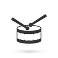 Grey Drum with drum sticks icon isolated on white background. Music sign. Musical instrument symbol. Vector