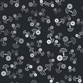 Grey Dumbbell icon isolated seamless pattern on black background. Muscle lifting, fitness barbell, sports equipment