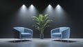 A grey empty mock-up wall and armchairs are central to this 3D rendering of a modern interior design Royalty Free Stock Photo