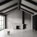 Grey empty room interior with fireplace, window and stool. Mockup wall Royalty Free Stock Photo