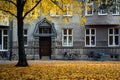 Grey facade with bikes parked in front with lots of golden yellow leaves on the ground Royalty Free Stock Photo