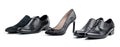 Grey female shoe between black male shoes Royalty Free Stock Photo