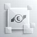 Grey Financial growth and euro coin icon isolated on grey background. Increasing revenue. Square glass panels. Vector