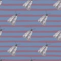 Grey folk insect simple seamless pattern. Hand drawn night moth silhouettes on stripped background with blue lines