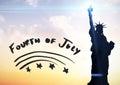 Grey fourth of July graphic against evening sky with statue of liberty