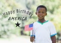 Grey fourth of July graphic next to boy holding american flag Royalty Free Stock Photo