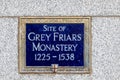 Grey Friars Monastery historical plaque in the City area of London, United Kingdom.