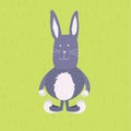 Grey funny cartoon rabbit, hare, bunny on green background.