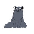 Grey furry adult cat sitting portrait drawing. Sketch of a domestic cat in doodle cartoon style. Royalty Free Stock Photo