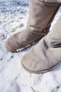 Grey fuzzy boots in the winter snow Royalty Free Stock Photo
