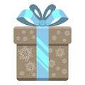Grey gift box with white snowflakes and blue shiny ribbon bow Royalty Free Stock Photo