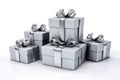 Grey Gift Boxes Set On White Background, 3D. Generative AI Royalty Free Stock Photo