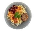 Grey plate with spaghetti, cutlet, red beans, parsley isolated on white. Top view Royalty Free Stock Photo