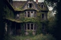 grey gloomy abandoned house among overgrown garden