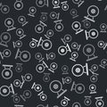 Grey Gong musical percussion instrument circular metal disc icon isolated seamless pattern on black background. Vector