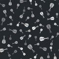 Grey Guitar icon isolated seamless pattern on black background. Acoustic guitar. String musical instrument. Vector Royalty Free Stock Photo