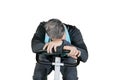 Grey hair man feeling tired on gym cycling Royalty Free Stock Photo