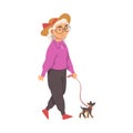 Grey-haired Grandma in Hat Walking Dog on the Leash Vector Illustration