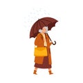 Grey Haired Senior Woman Walking Under Umbrella in Rainy Day Vector Illustration Royalty Free Stock Photo