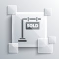 Grey Hanging sign with text Sold icon isolated on grey background. Sold sticker. Sold signboard. Square glass panels Royalty Free Stock Photo