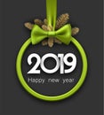 Grey 2019 happy New Year background with green round frame and b