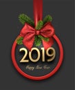 Grey 2019 happy New Year background with red round frame and bow