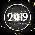 Grey 2019 happy New Year card with gold clock. Royalty Free Stock Photo