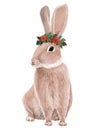 Grey hare with a Christmas wreath on a head. Watercolor illustration isolated on a white background