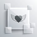 Grey Heart with wings icon isolated on grey background. Love symbol. Happy Valentines day. Square glass panels. Vector Royalty Free Stock Photo