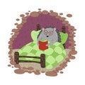 Grey hedgehog in glasses reading book in bed in cosy burrow