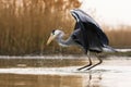 Grey heron hunting with long beak in waters of wetland Royalty Free Stock Photo