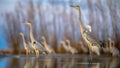 Grey heron hunting stationary in lake cut