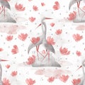 Grey herons, seamless patterns with birds, symbol of the happy family, couple. Valentine`s day greeting card, pastel romantic