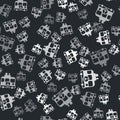 Grey Hippie camper van icon isolated seamless pattern on black background. Travel by vintage bus. Tourism, summer Royalty Free Stock Photo