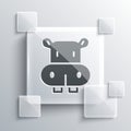 Grey Hippo or Hippopotamus icon isolated on grey background. Animal symbol. Square glass panels. Vector